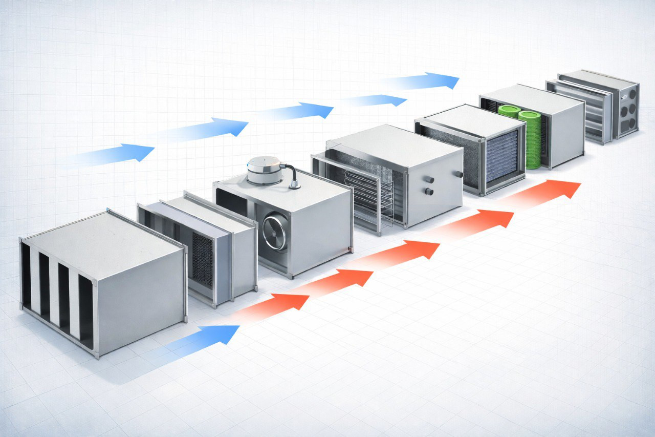 Оборудование приточной вентиляции: вентиляторы, фильтры, калориферы, рекуператоры, воздуховоды