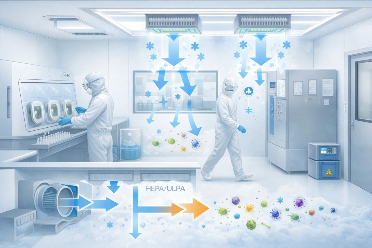 Чистые помещения фармацевтического производства: вентиляция с HEPA-фильтрами, ламинарные потоки, контроль частиц