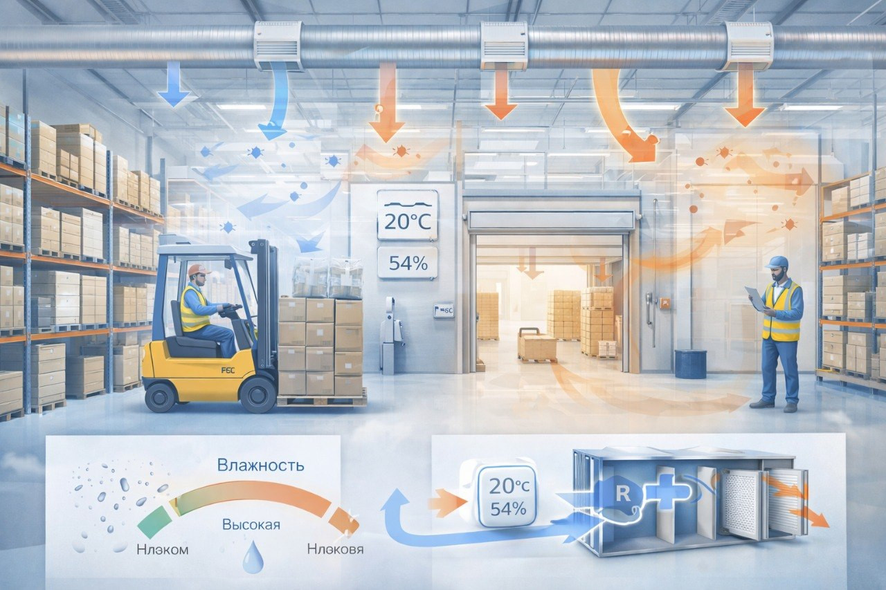Вентиляция склада: канальные ПВУ, воздухораспределение по зонам, автоматика контроля микроклимата