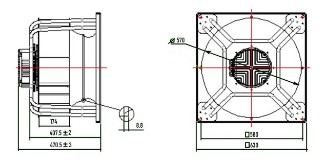 Габаритные и присоединительные размеры вентилятора в AVI W 150/380/12000