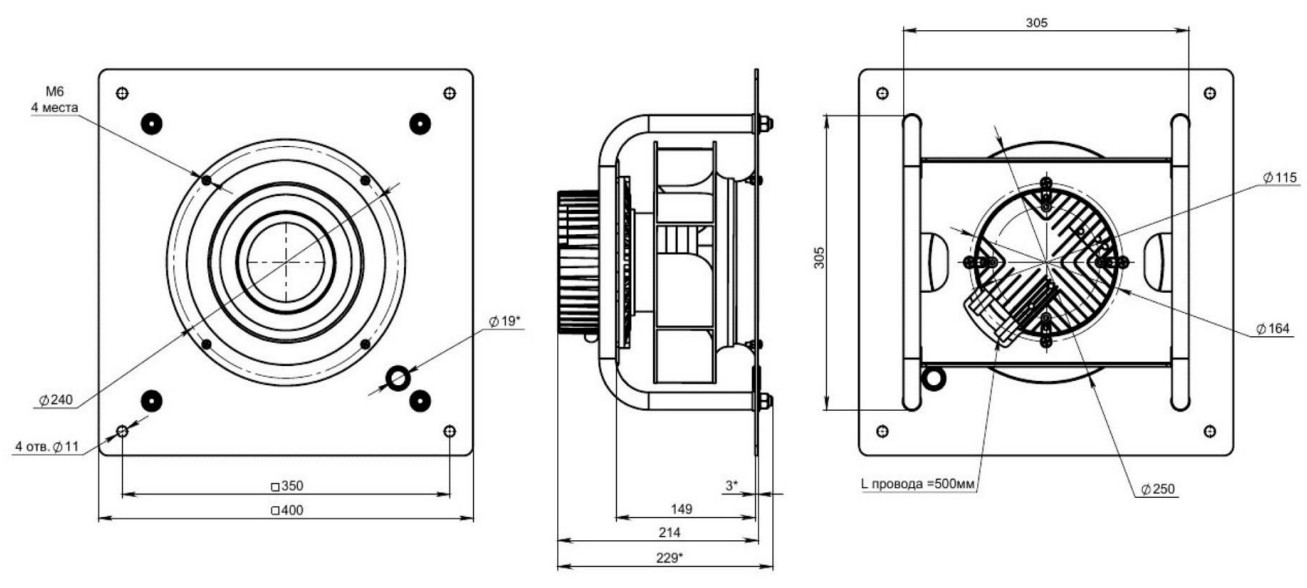 Габаритные и присоединительные размеры вентилятора в AVI E 31,5/380/2000