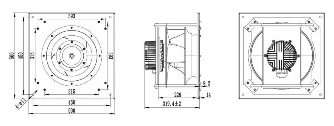 Габаритные и присоединительные размеры вентилятора в AVI E 54/380/5000