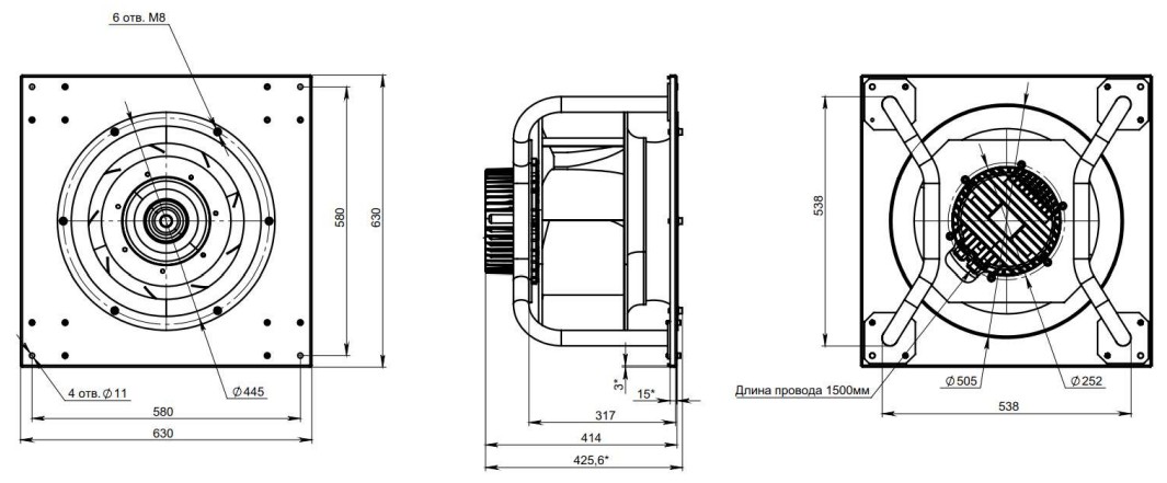 Габаритные и присоединительные размеры вентилятора в AVI E 72/380/7000 Габаритные и присоединительные размеры вентилятора в AVI E 72/380/7000