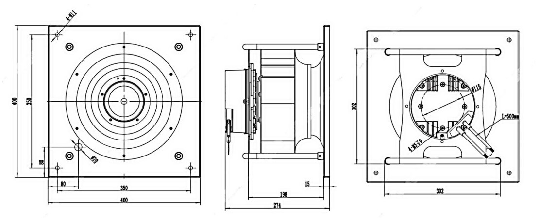 Габаритные и присоединительные размеры вентилятора в AVI PV E 13,5/380/3000 Габаритные и присоединительные размеры вентилятора в AVI PV E 13,5/380/3000