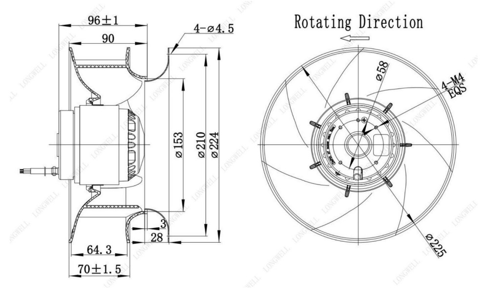Габаритные и присоединительные размеры вентилятора в AVI PV E 3/220/400 Габаритные и присоединительные размеры вентилятора в AVI PV E 3/220/400