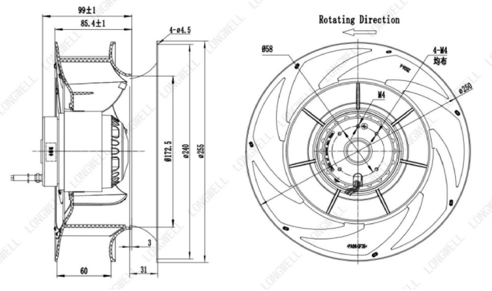 Габаритные и присоединительные размеры вентилятора в AVI PV E 4,5/380/700 Габаритные и присоединительные размеры вентилятора в AVI PV E 4,5/380/700