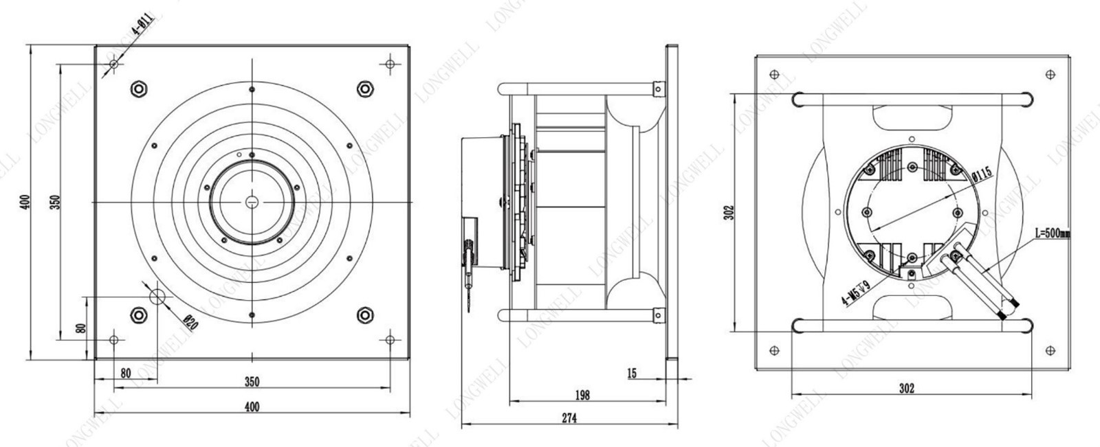 Габаритные и присоединительные размеры вентилятора в AVI W 42/220/2500