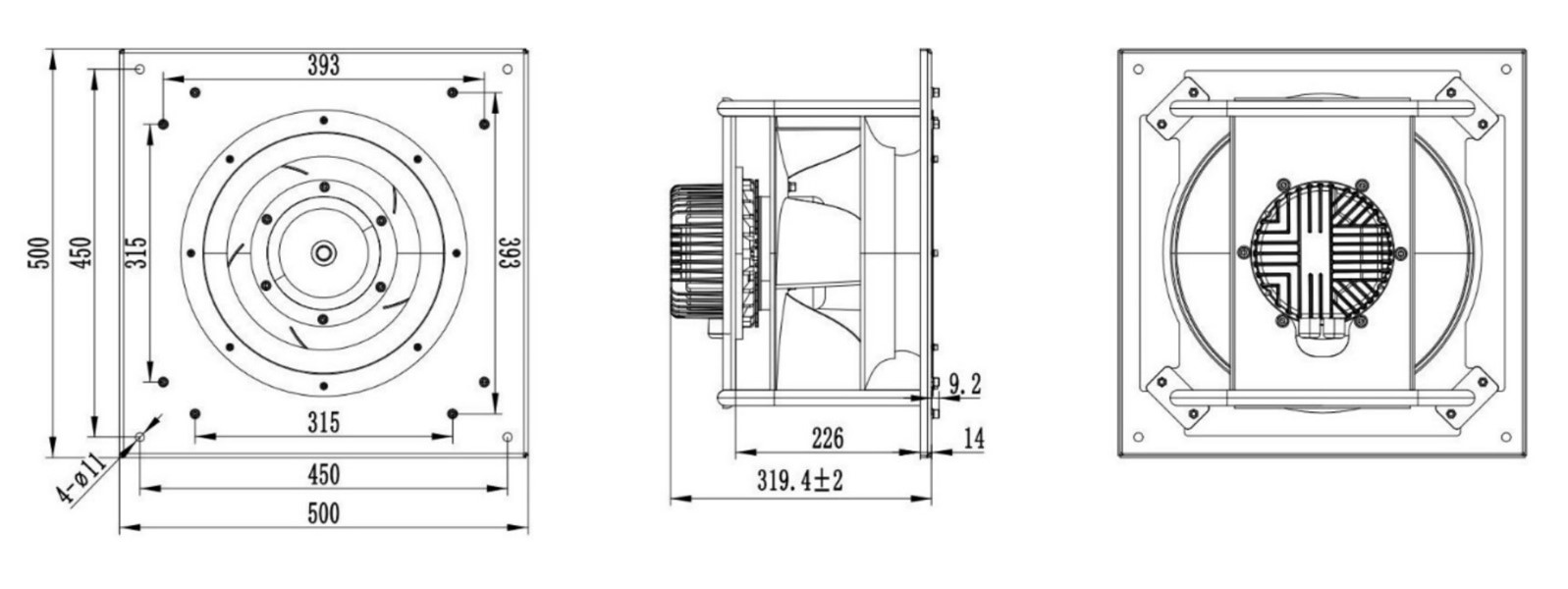 Габаритные и присоединительные размеры вентилятора в AVI W 67/380/4000