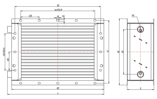 Размеры установленного трёхрядного нагревателя в AVI W 126/380/7500